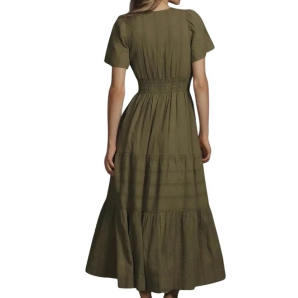 Anthropologie Moss Green Somerset Tiered V Neck Cotton Maxi Dress - Picture 3 of 11